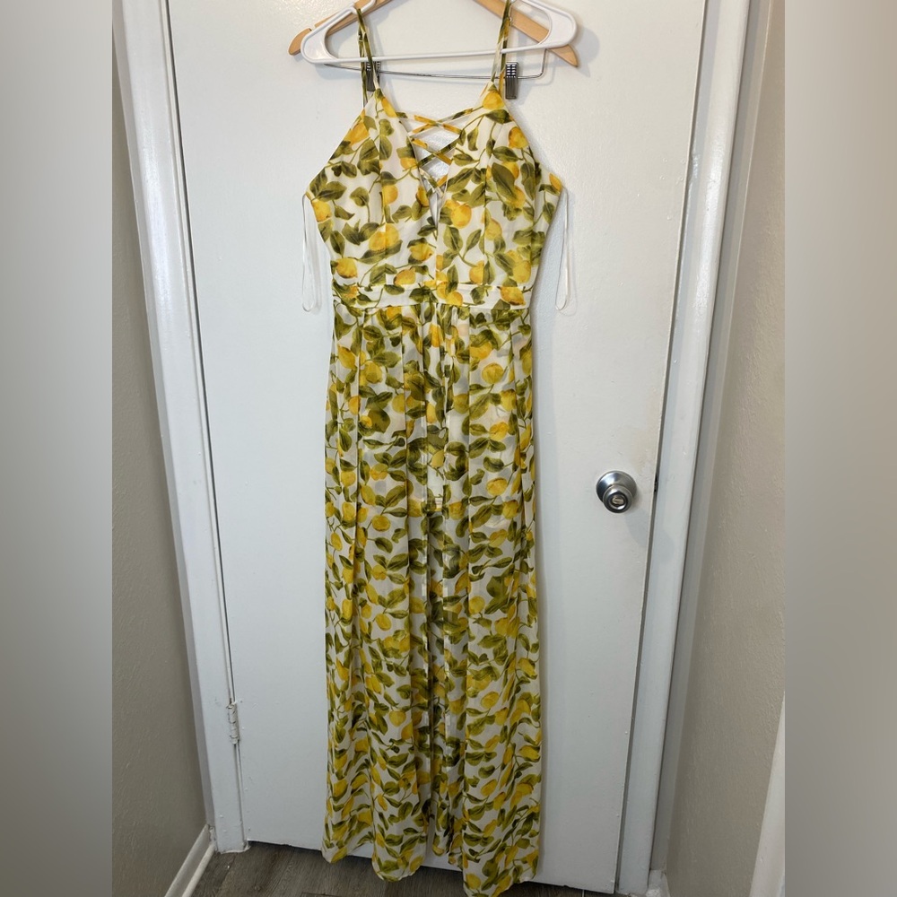 Flowy Lemon Cello Yellow Ivory and Green Leaf Print Maxi Romper Dress